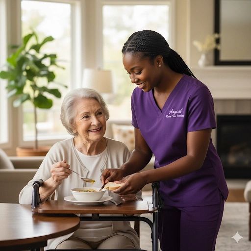 Caregiver assisting elderly woman with meal at home